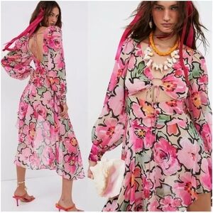 For Love & Lemons Tiana Floral Asymmetrical Midi Dress Festival Resort Summer